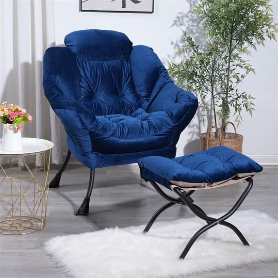 YYAo Modern Upholstered Accent Chair, Contemporary Lounge Chair Armchair with A Side Pocket and Stool, Fabric Lazy Chair for Living Room, Blue