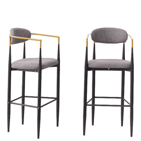 YYAo Modern Upholstered Bar Stool Gold-Accented Armrests 23″ Set of 2, Bar Stool for Kitchen Island, Dining Counter, Bar Stool Ergonomic Seat Height Black Metal Frame, Grey