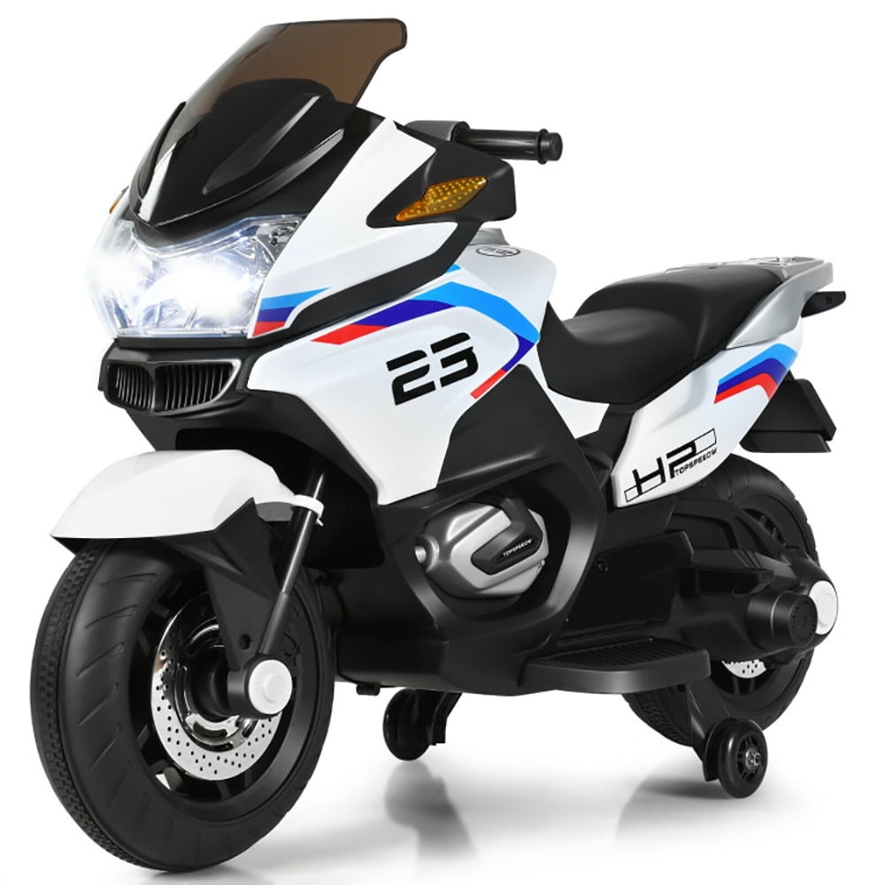 White 12-Volt Kids Ride-On Motorcycle with Training Wheels