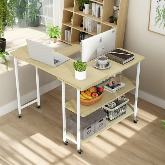 YYAo Movable Laptop Table, Side Table, 360° Rotating Sofa Side Table with 2-Tier Storage Shelves-Natural