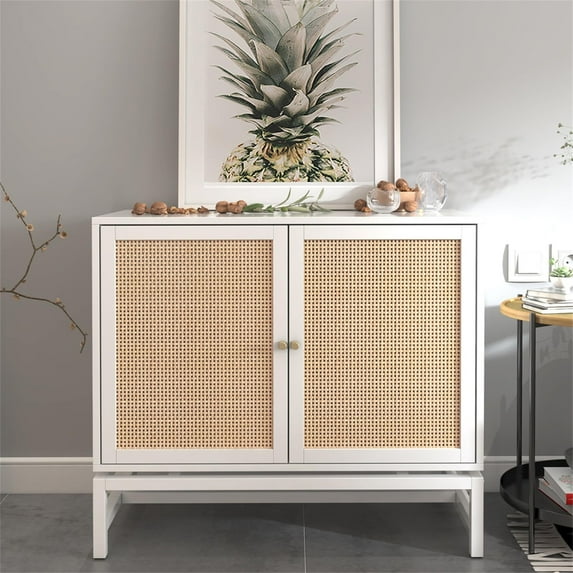YYAo Natural Rattan Kitchen Storage Cabinet, Sideboard Buffet Cabinet for Dining Room, Hallway, White