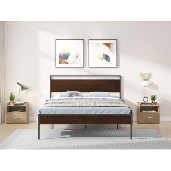 YYAo No Box Spring Needed Bed, Classic Metal Platform Bed Frame, Mattress Foundation with Headboard and Footboard, Dark Brow Brown