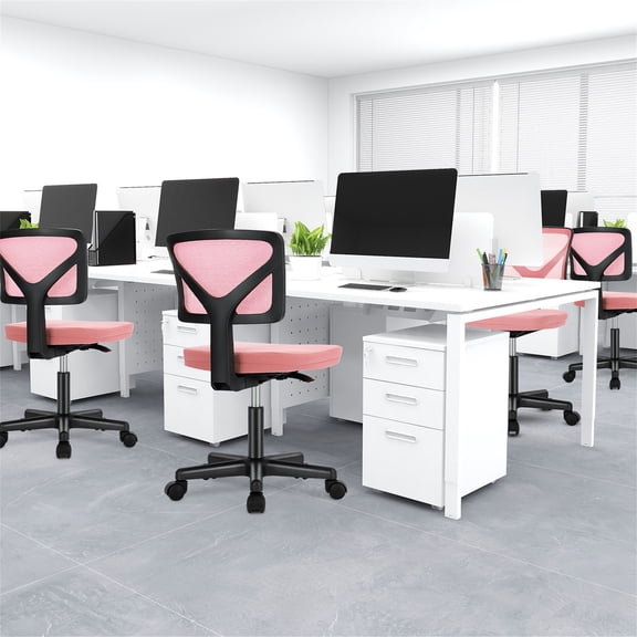 YYAo Office Computer Desk Chair, Ergonomic Low Back Mesh Rolling Work Swivel Chair with Wheels, Armless, Comfortable Seat Lumbar Support for Home, Bedroom, Study, Student, Adult, Pink