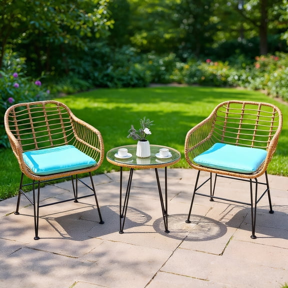 YYAo Outdoor Bistro Set, Outdoor Conversation Sets, 3 Pieces Rattan Furniture Set with Cushioned Chair Table-Turquoise