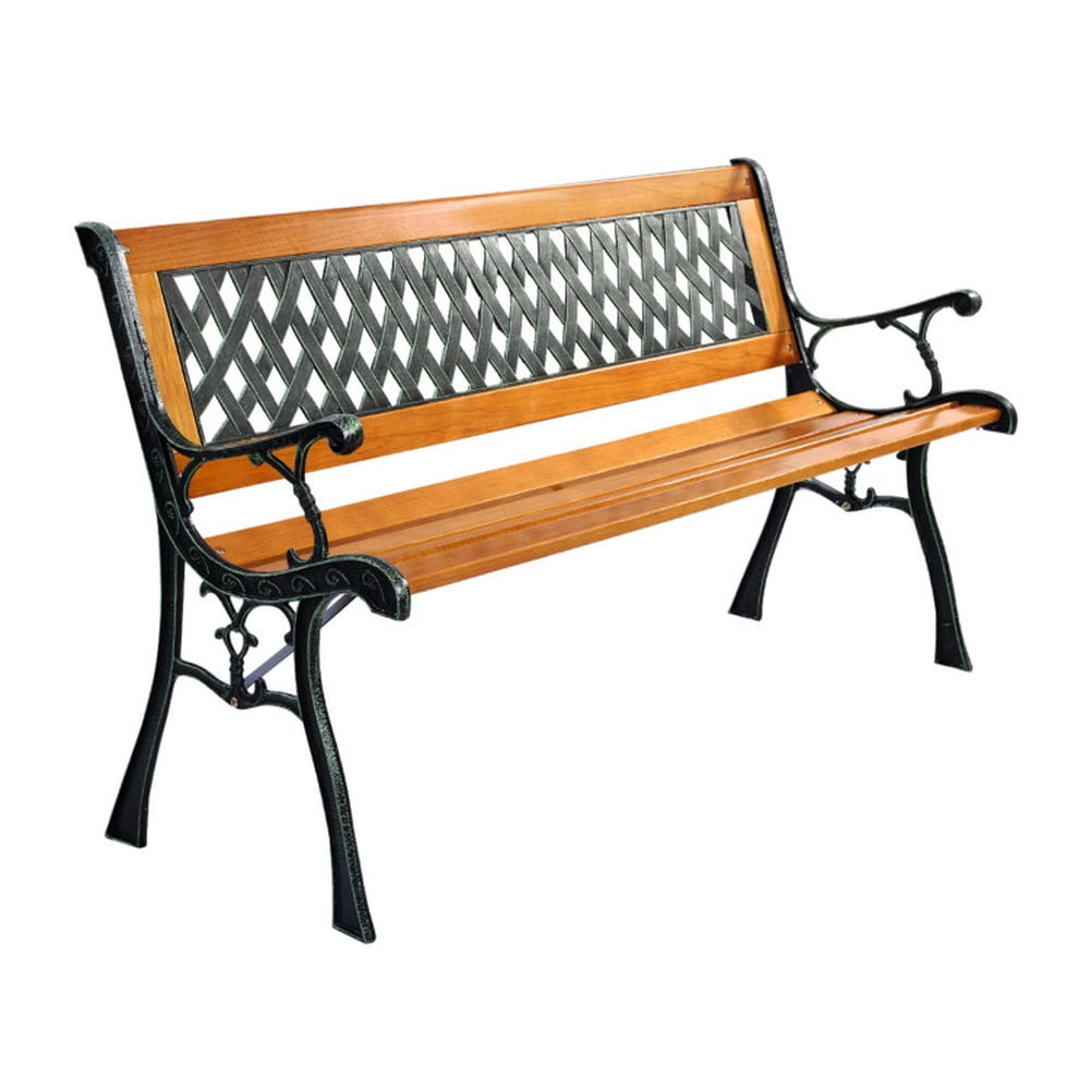 Rhombus Pattern Brown Iron and Wood Garden Bench