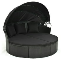 YYAo Outdoor Daybed, Sunbed,Clamshell Patio Round Daybed Wicker with Retractable Canopy and Pillows-Black