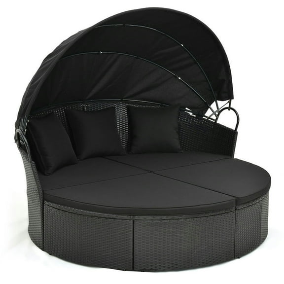 YYAo Outdoor Daybed, Sunbed,Clamshell Patio Round Daybed Wicker with Retractable Canopy and Pillows-Black