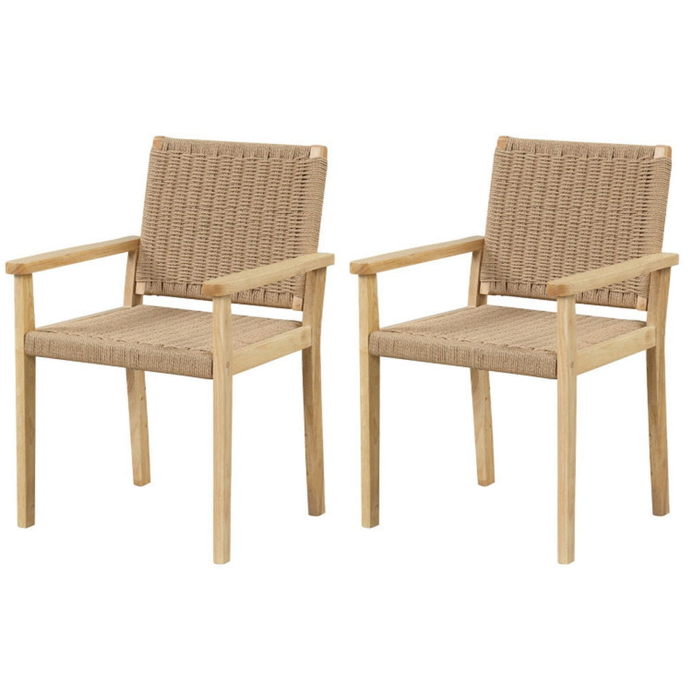 Natural Rubber Wood Dining Armchairs with Paper Rope Woven Seat, Set of 2