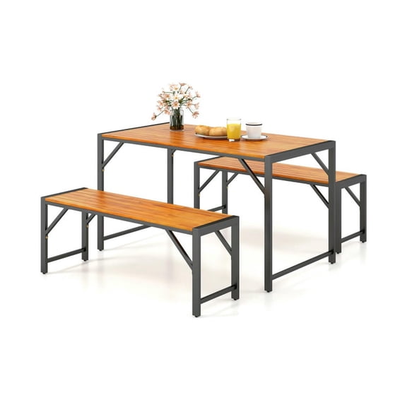 YYAo Outdoor Eating Sets,Patio Dining Furniture,3 Pieces Patio Dining Set with Acacia Wood Dining Table and 2 Benches