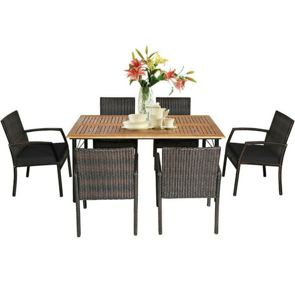 YYAo Outdoor Eating Sets,Patio Dining Furniture,7 Pieces Patio Rattan Cushioned Dining Set with Umbrella Hole-Black