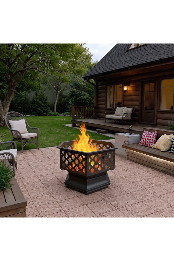 Outdoor Fire Pits, Fire Pits,22" Hexagonal Shaped Iron Brazier Wood Burning Fire Pit for Backyard Poolside