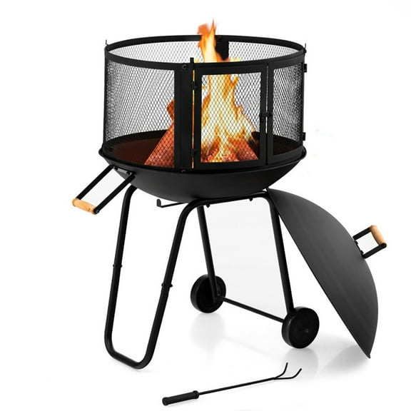 YYAo Outdoor Fire Pits, Fire Pits,28 Inch Portable Fire Pit on Wheels with Log Grate-Black