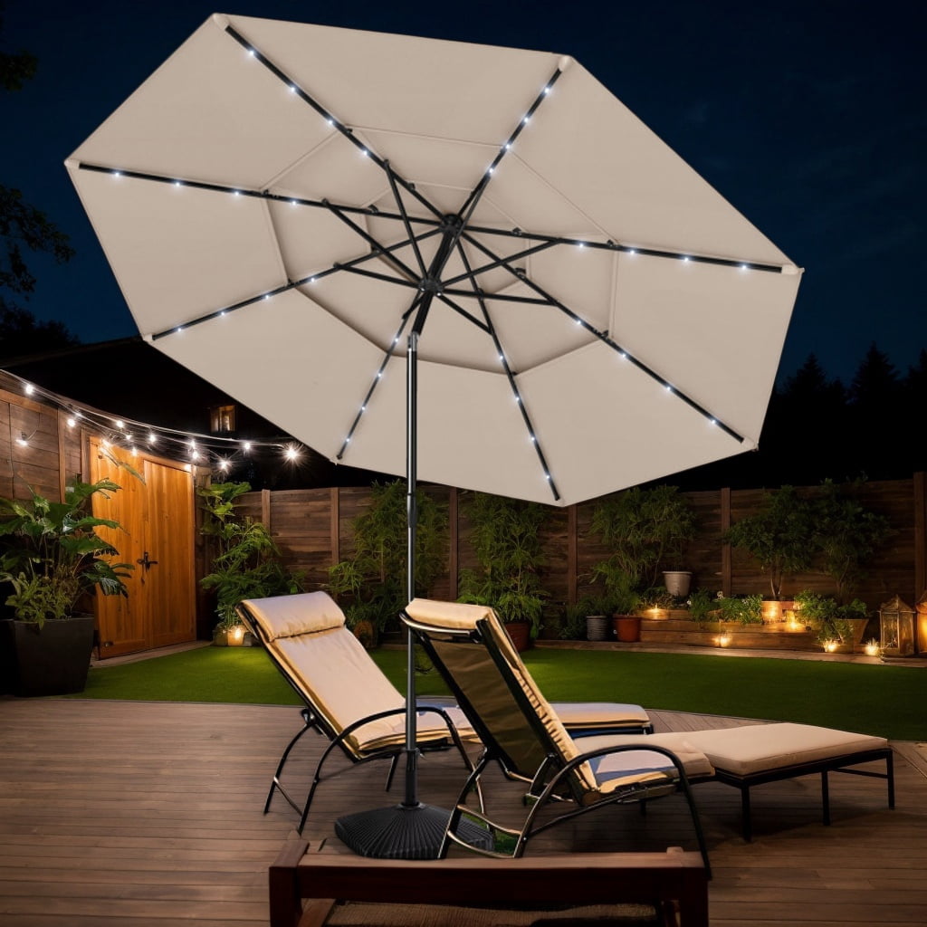 YYAo Outdoor Garden Umbrella,Market Umbrella,10 Feet Solar Patio Umbrella with 32 LED Lights 3-Tier Vented Top-Beige