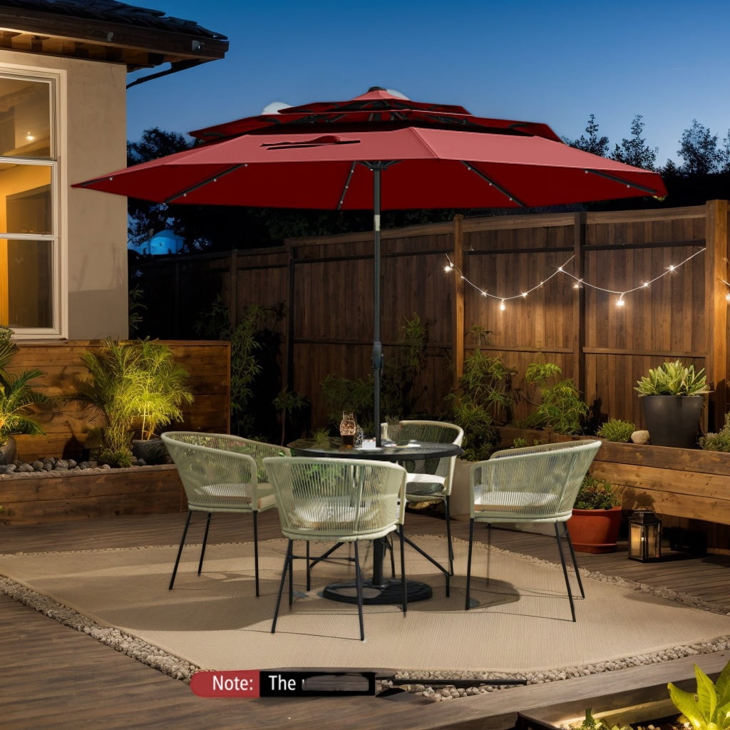 YYAo Outdoor Garden Umbrella,Market Umbrella,10 Feet Solar Patio Umbrella with 32 LED Lights 3-Tier Vented Top-Wine