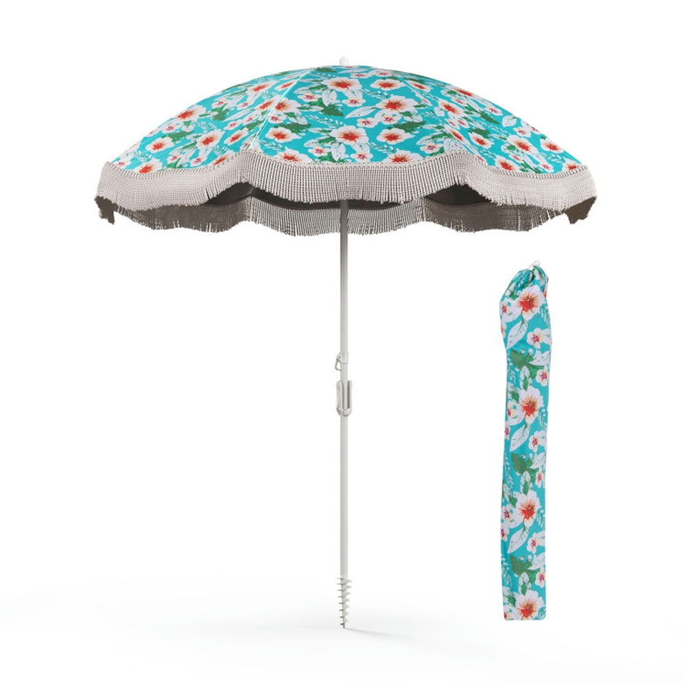 Green Floral Polyester Beach Umbrella with Fringe and Tilt Mechanism