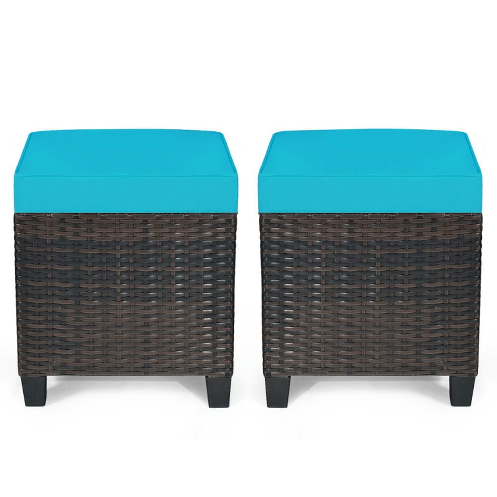 Turquoise Cushioned Rattan Patio Ottoman Set with Steel Frame