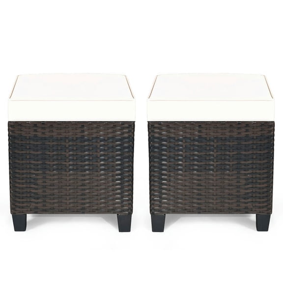 YYAo Footstool Ottoman Seat,2 Pieces Patio Rattan Ottoman Set with Removable Cushions-White