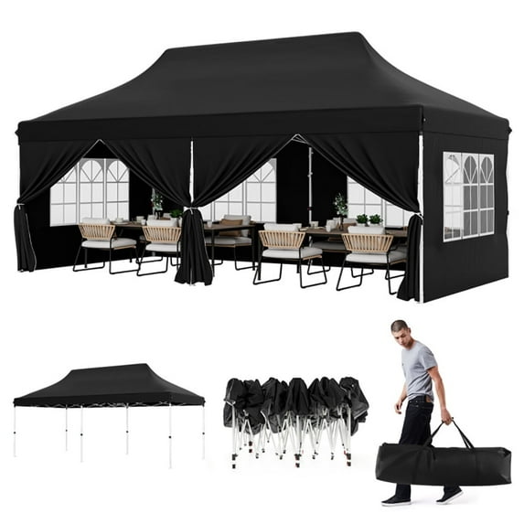 YYAo Outdoor Party Tent, Gazebo Canopy, Shade Shelter, 10 x 20 FT Pop up Canopy with 6 Sidewalls and Windows and Carrying Bag for Party Wedding Picnic-Black