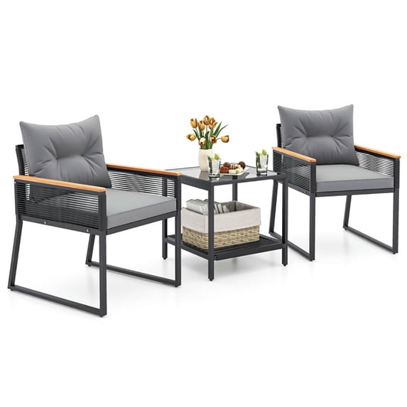YYAo Outdoor Patio Furniture Set, Patio Conversation Sets,3 Pieces Patio Furniture Set with 2 Tier Coffee Table and Soft Seat Cushions-Gray
