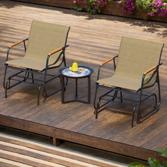 YYAo Outdoor Swing Rocker Glider Chair, Rocking Lounge Chair,Patio Glider Chair Set of 2 with Curved Teak Armrests and Breathable Fabric Seat-Brown