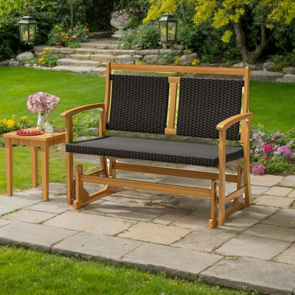 YYAo Outdoor Swing Rocker Glider Chair, Rocking Lounge Chair,Patio Rattan Glider Bench for 2 with Acacia Wood Frame and Wicker Seat Back
