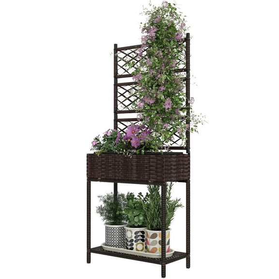 YYAo Outdoor Wicker Planter with Trellis for Climbing Plants, Freestanding Rattan Garden Box with Storage Shelf, Brown