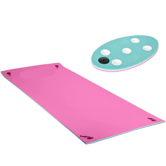 YYAo Outroad Floating Water Pad Mat, 12' x 5' Lily Pad Floating Mat with Cup Holder Table, 3-Layer Portable Roll-Up Water Mat Float Dock, Pink