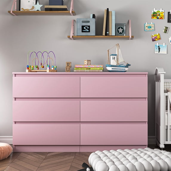 YYAo Particle Board 6 Drawer Dresser, Large Modern Chest of 6 Drawers Night Table, Storage Cabinet for Bedroom, Closet, Living Room, Pink
