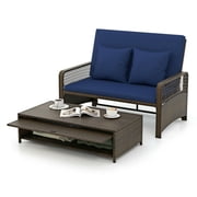 YYAo Patio Adjustable Wicker Daybed with 4-Level Backrest and Soft Cushions-Navy