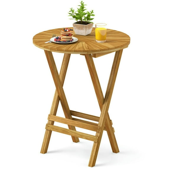 YYAo Patio Center Tables,Patio Folding Side Table Teak Wood Round End Table with Slatted Tabletop and X-Shaped Frame