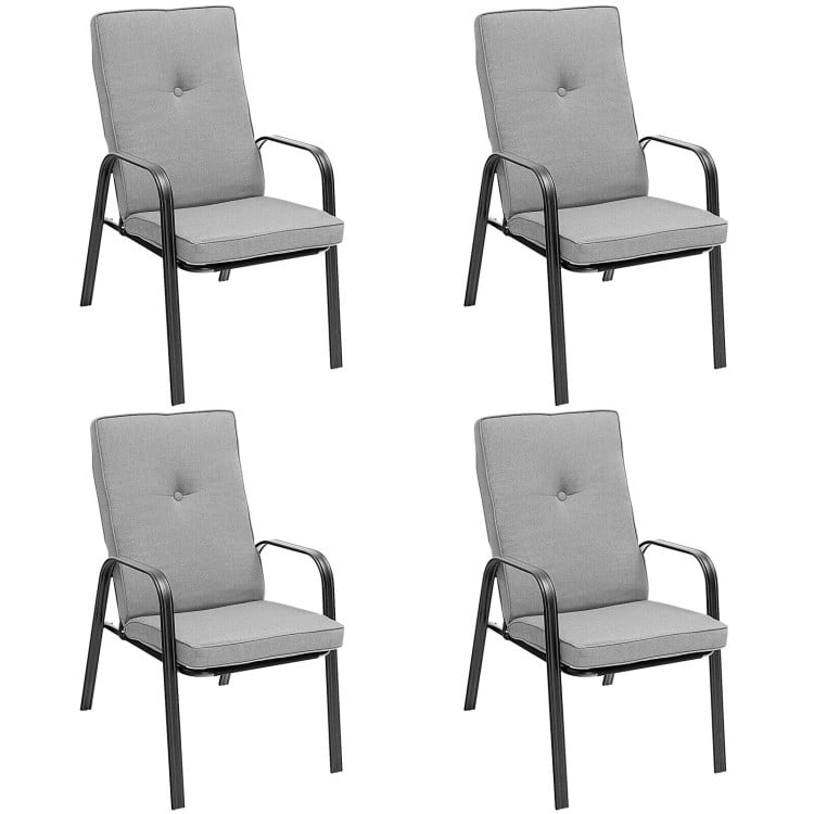 Black Steel Outdoor Dining Chairs with Grey Cushions, Set of 4