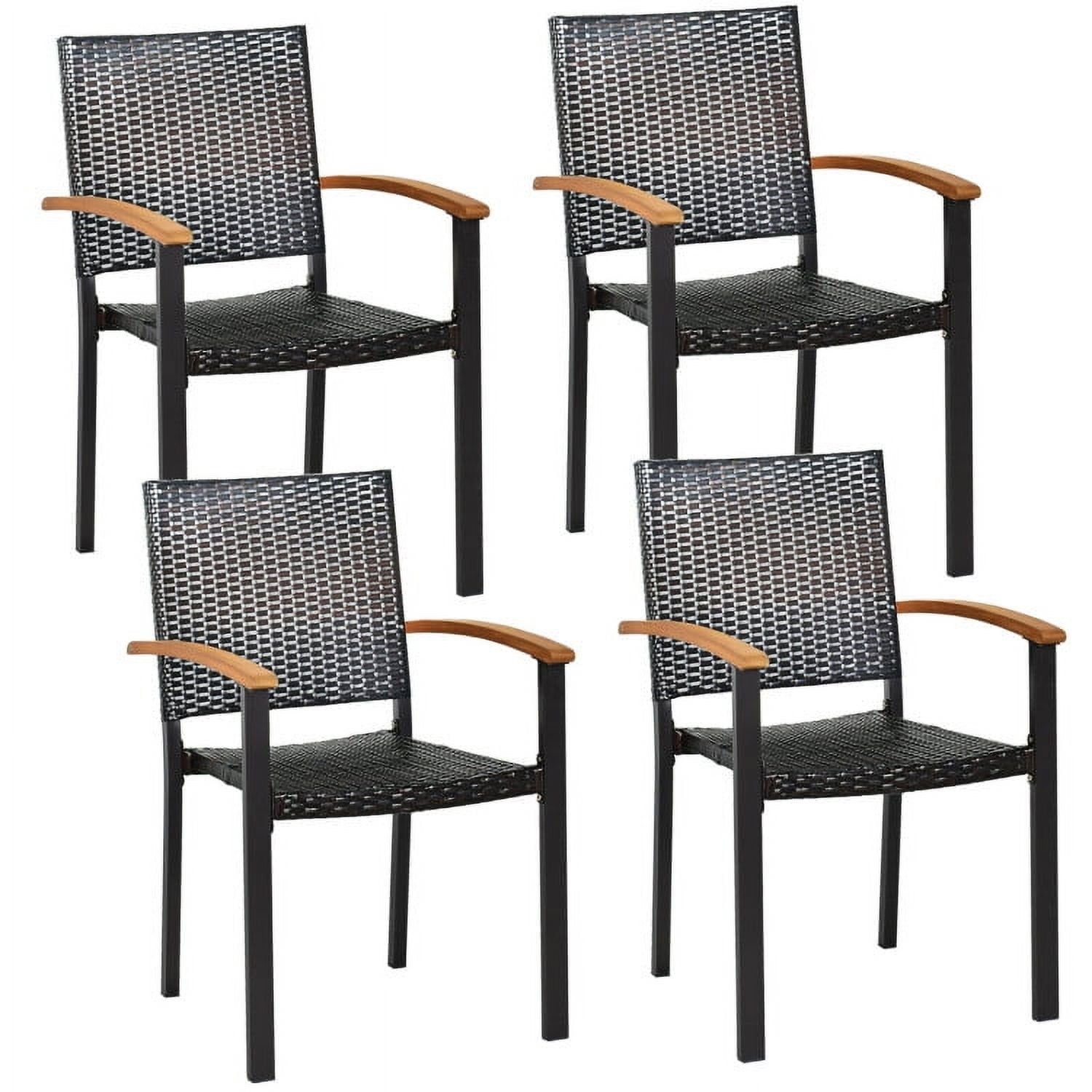 Black Wicker and Acacia Wood Stackable Outdoor Dining Chairs, Set of 4