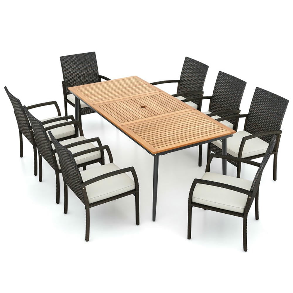 Natural Acacia Wood and Black Metal 8-Person Outdoor Dining Set