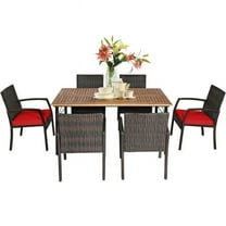 YYAo Patio Dining Table, Outdoor Dining Set, Picnic Set, 7Pcs Patio Rattan Cushioned Dining Set with Umbrella Hole-Red