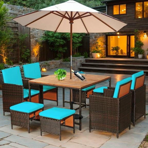 YYAo Patio Dining Table, Outdoor Dining Set, Picnic Set, 9 Pieces Patio Rattan Dining Cushioned Chairs Set-Turquoise