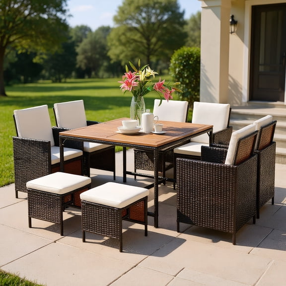 YYAo Patio Dining Table, Outdoor Dining Set, Picnic Set, 9 Pieces Patio Rattan Dining Cushioned Chairs Set-White