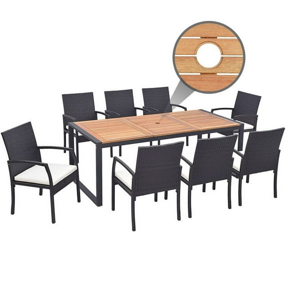 YYAo Patio Dining Table, Outdoor Dining Set, Picnic Set, 9 Pieces Patio Rattan Dining Set with Acacia Wood Table for Backyard Garden-L-shaped Handrail
