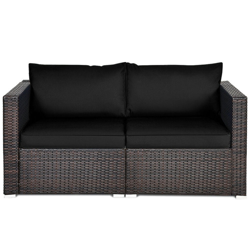Black Wicker and Metal Two-Seater Outdoor Sectional Sofa