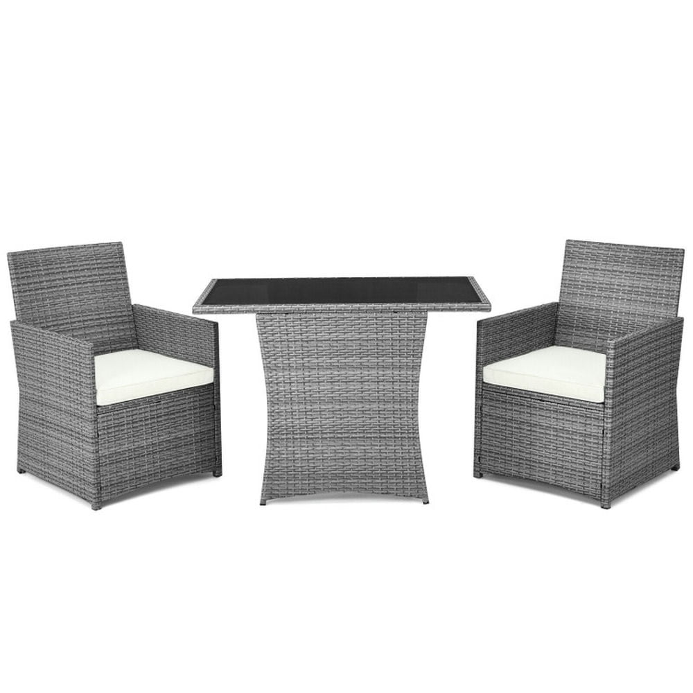 Gray Wicker 3-Piece Patio Set with White Cushions