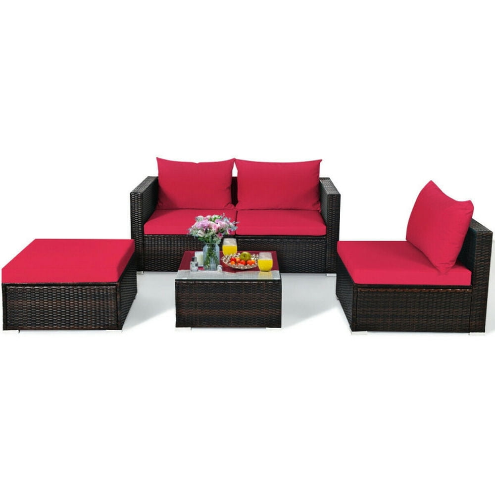 5-Piece Red Cushioned Rattan Patio Furniture Set with Ottoman