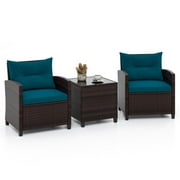 YYAo Patio Seating Groups,Outdoor Living Room Sets,3 Pieces Rattan Patio Furniture Set with Washable Cushion-Peacock Blue