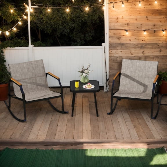 YYAo Patio Seating Sets,Outdoor Conversation Sets,3 Piece Patio Rocking Bistro Set with Tempered Glass Coffee Table and Armrests for Porch-Brown