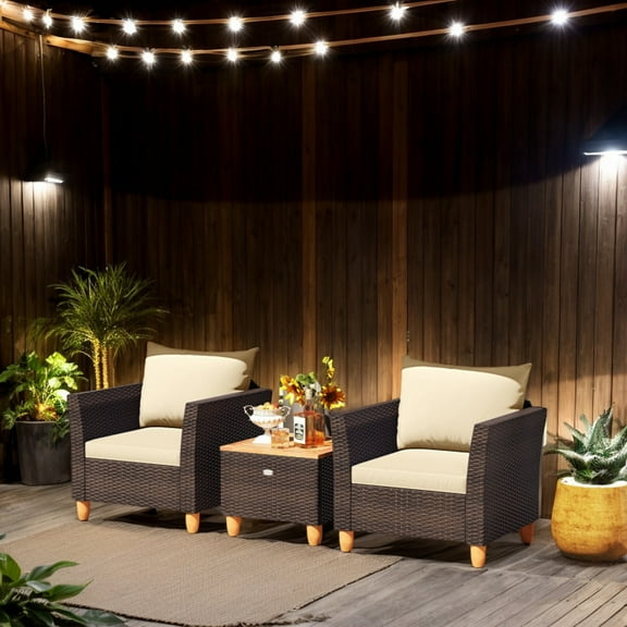 YYAo Patio Seating Sets,Outdoor Conversation Sets,3 Pieces Patio PE Wicker Furniture Set with Cushions and Acacia Wood Storage Coffee Table-Beige