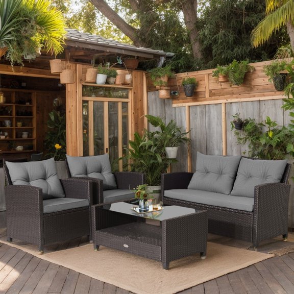 YYAo Patio Seating Sets,Outdoor Conversation Sets,4 Pieces Patio Rattan Conversation Furniture Set with Glass Top Coffee Table-Gray