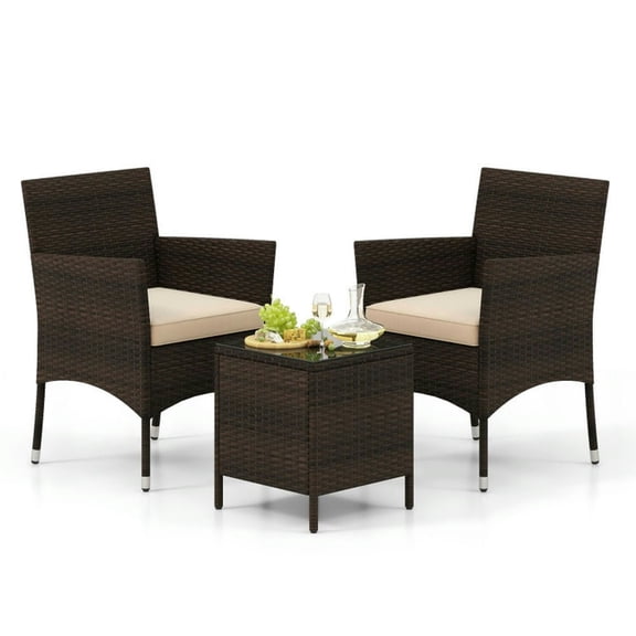 YYAo Patio Seating Sets,Outdoor Living Room Sets,3 Pieces Outdoor Conversation Set with Cushioned Seat and Glass Tabletop-Beige