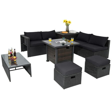 YYAo Patio Seating Sets,Outdoor Living Room Sets,9 Pieces Patio Furniture Set with 32” Fire Pit Table and 50000 BTU Square Propane Fire Pit-Black