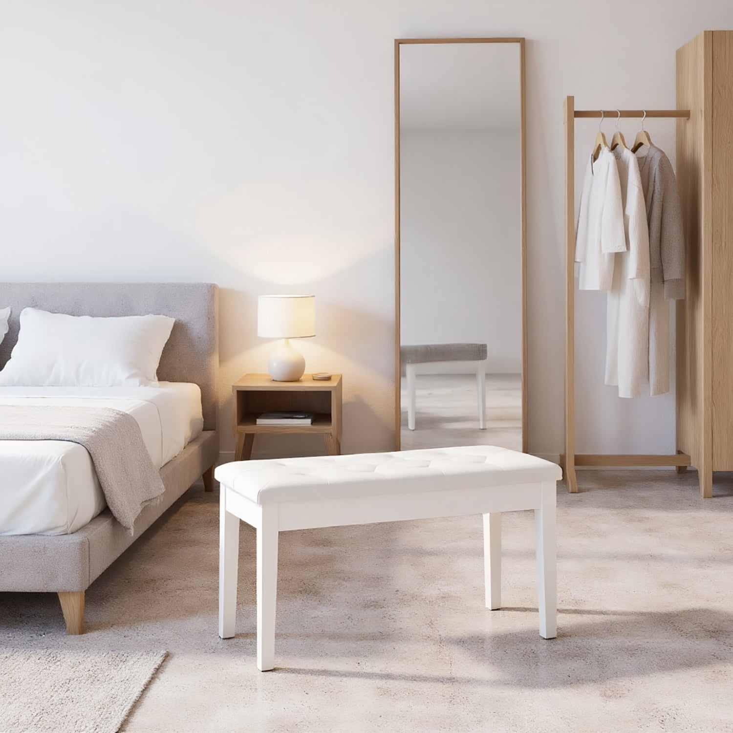 YYAo Piano Bench, Duet Piano Chair with Faux Leather Padded Cushion and Wooden Frame, Button Tufted Keyboard Bench, White