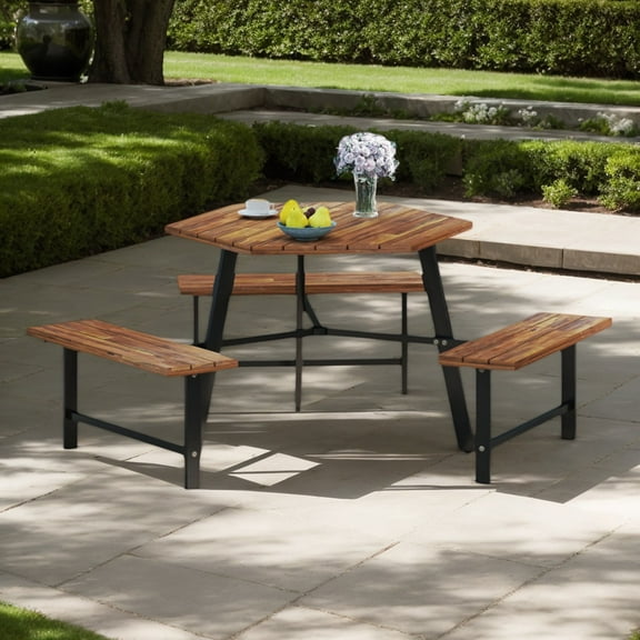 YYAo Picnic&nbsp;Tables,Patio Tables,6 Person Acacia Wood Picnic Table Bench Set with 3 Seats