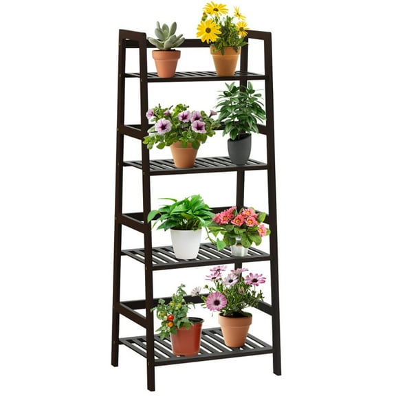YYAo Plant Rack, Multiple Plants Shelf,4-Tier Bamboo Plant Rack with Guardrails Stable and Space-Saving-Brown