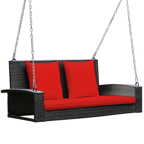 YYAo Porch Swing Chairs,Backyard Porch Swings,2-Person Patio Rattan Porch Swing with Cushions-Red